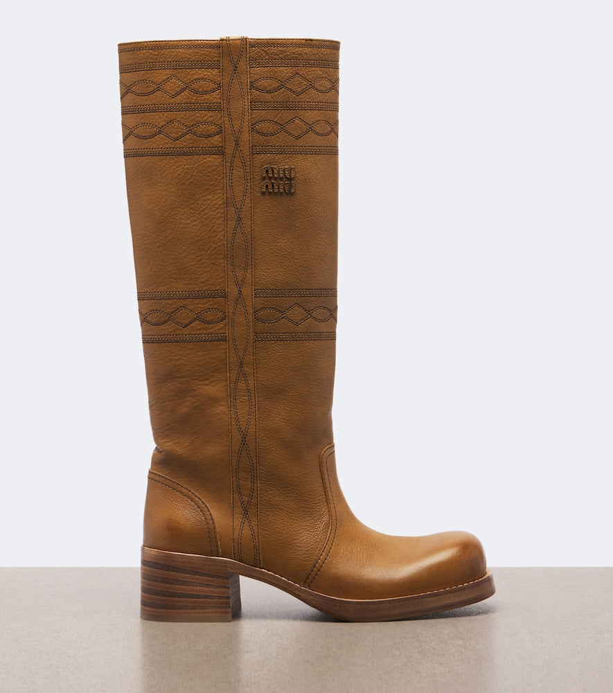 Miu Miu Embroidered leather knee-high boots in Brown - Heeled Boots