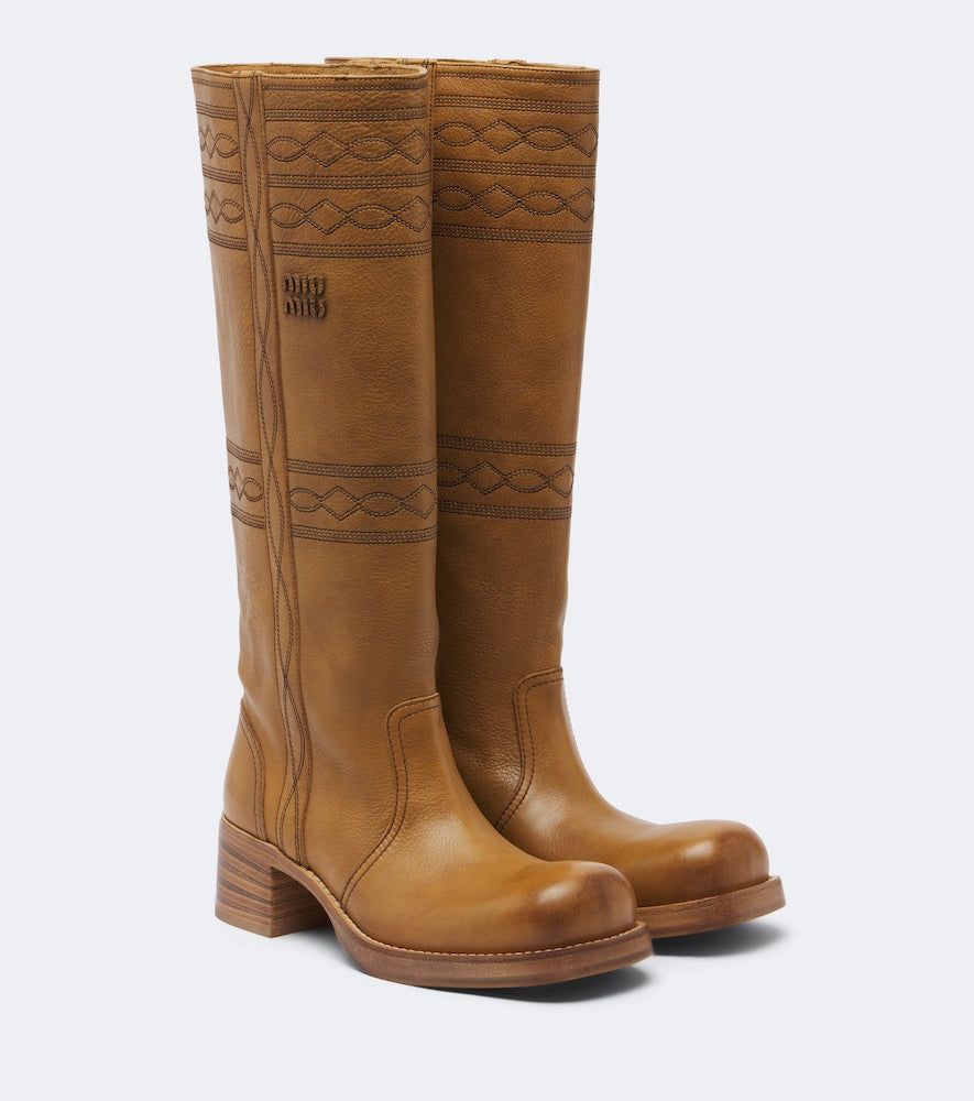 Miu Miu Embroidered leather knee-high boots in Brown - Heeled Boots