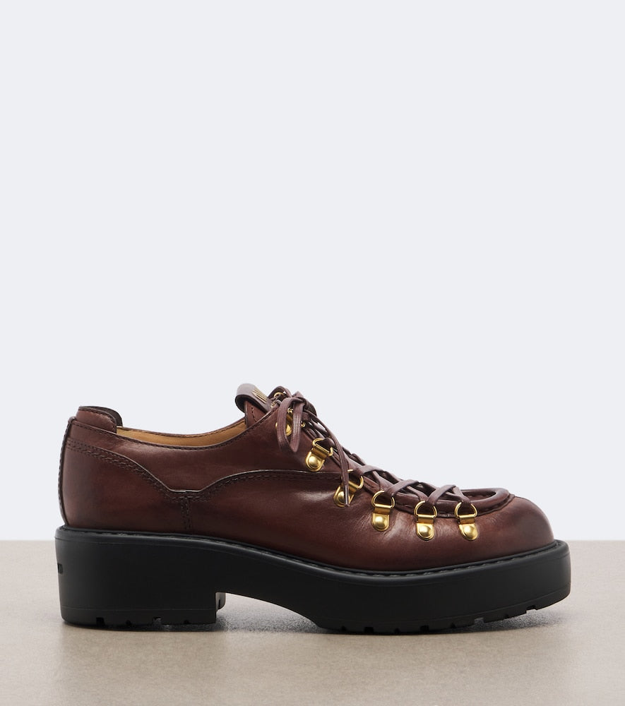 Miu Miu Leather lace-up loafers in Brown - Mid Heel Boots