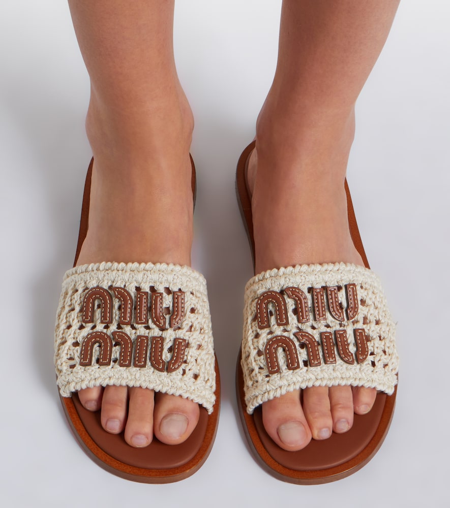 White Miu Miu Leather-trimmed crochet slides - Slides