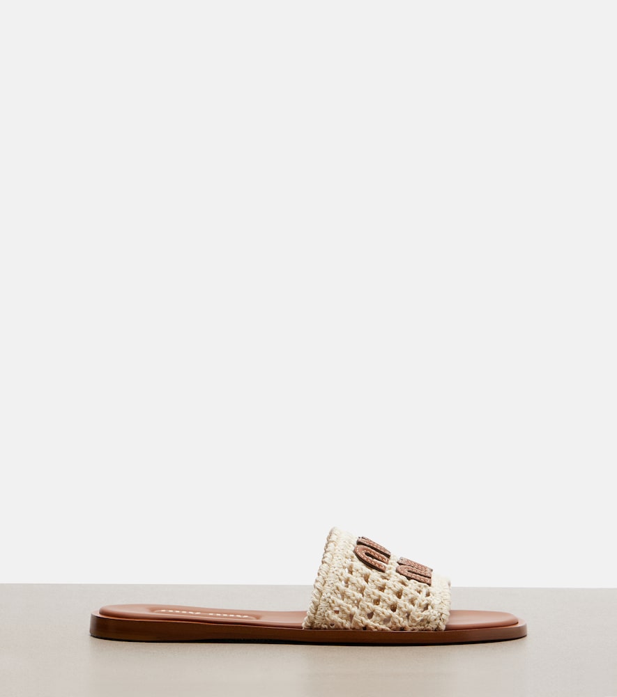 White Miu Miu Leather-trimmed crochet slides - Slides