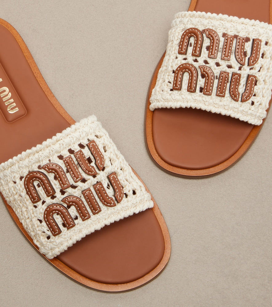 White Miu Miu Leather-trimmed crochet slides - Slides