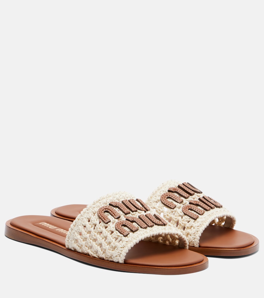White Miu Miu Leather-trimmed crochet slides - Slides