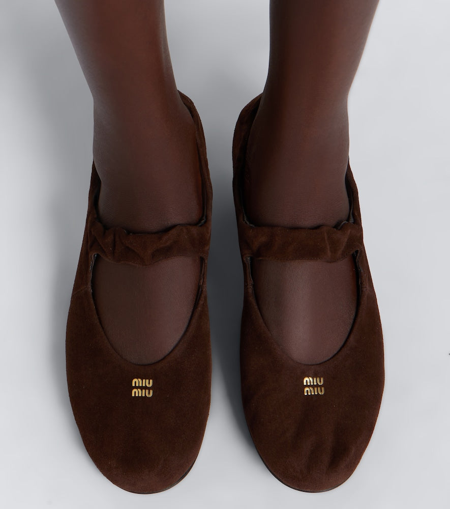 Brown Miu Miu Ruches suede Mary Jane flats - Ballerina Flats