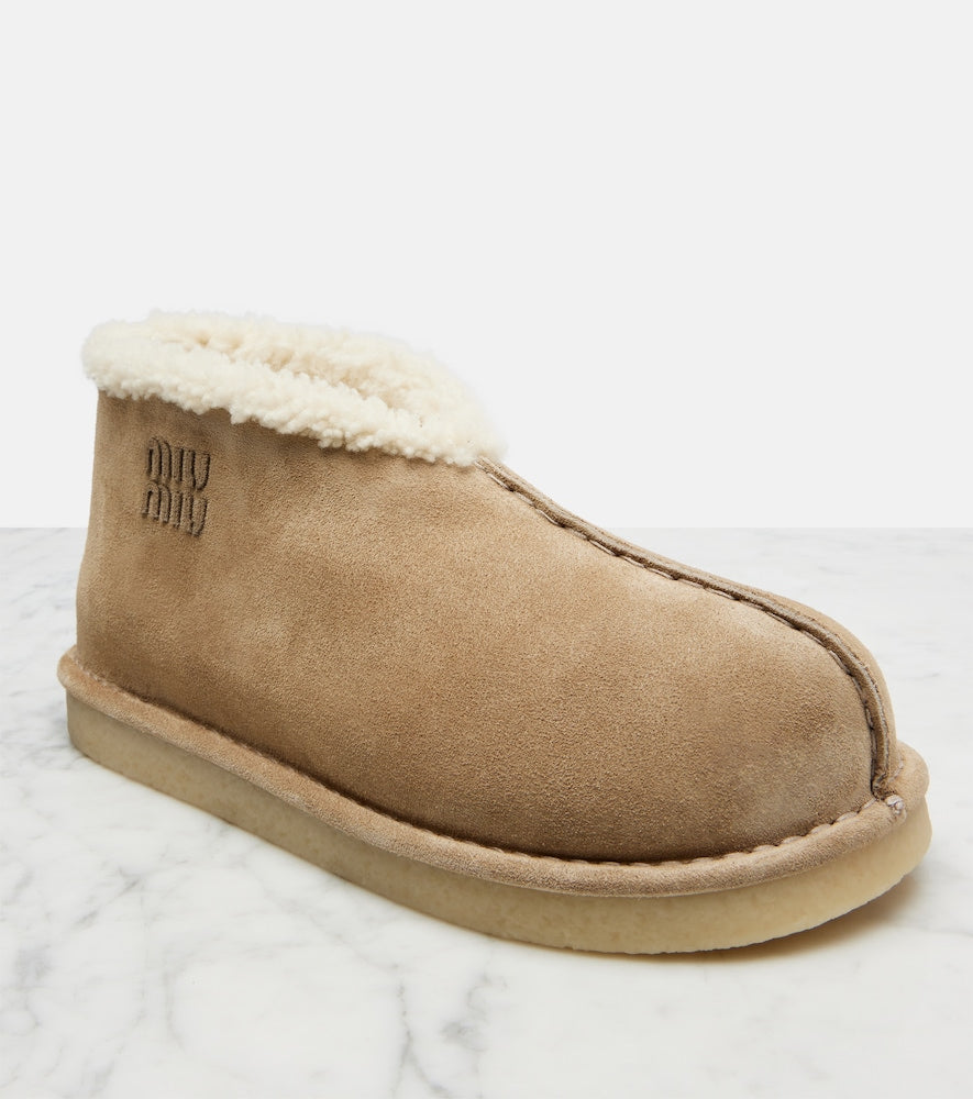 Beige Miu Miu Shearling-lined suede ankle boots - Flat Boots