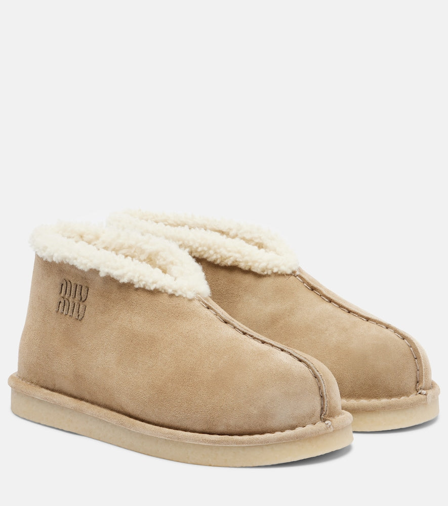 Beige Miu Miu Shearling-lined suede ankle boots - Flat Boots