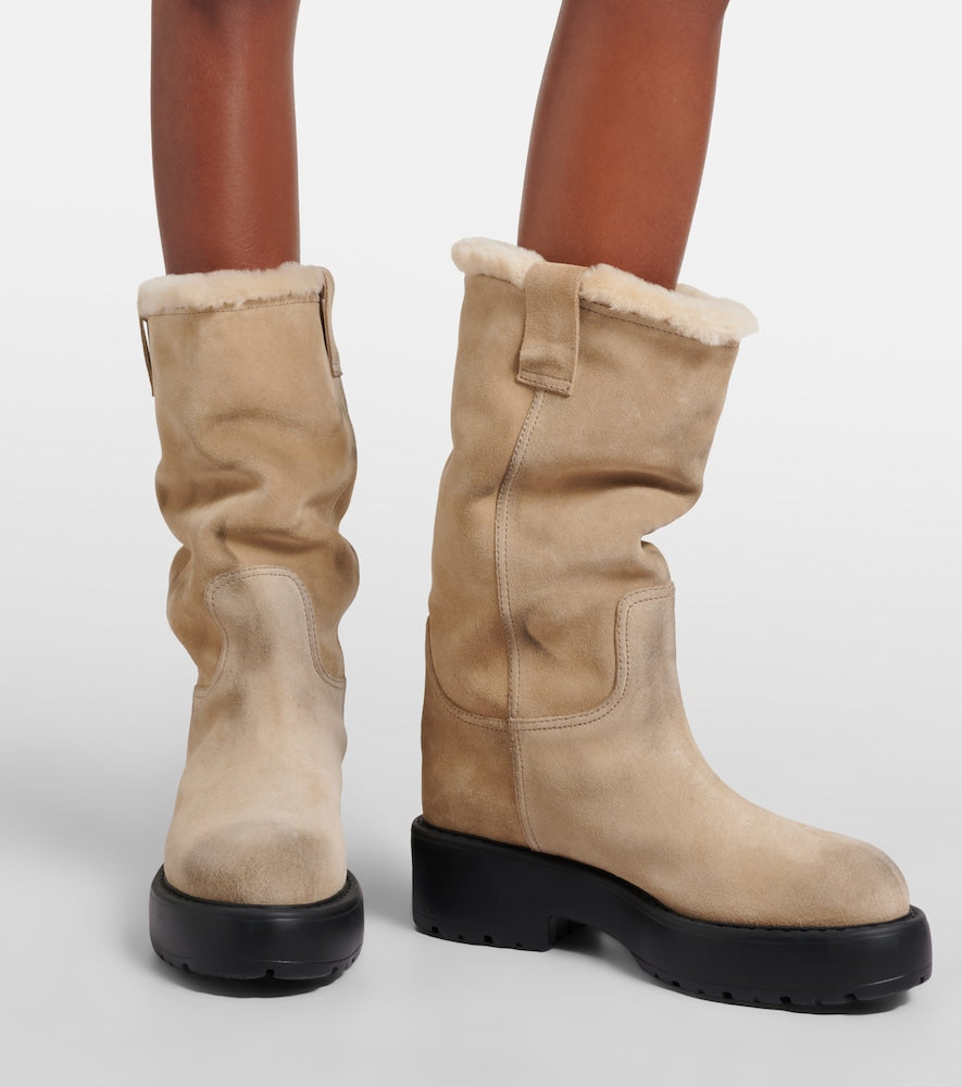 Miu Miu Shearling-lined suede knee-high boots (Beige) - Flat Boots