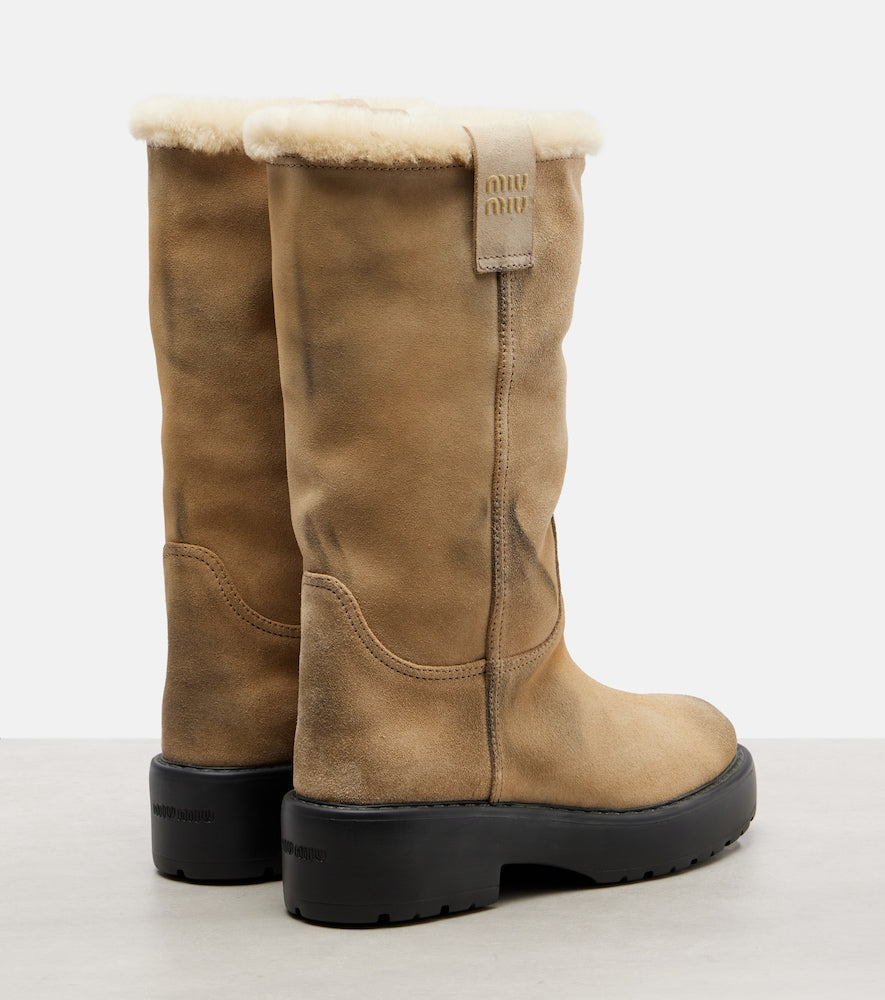 Miu Miu Shearling-lined suede knee-high boots (Beige) - Flat Boots