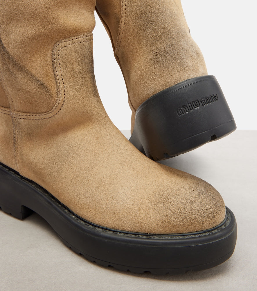 Miu Miu Shearling-lined suede knee-high boots (Beige) - Flat Boots