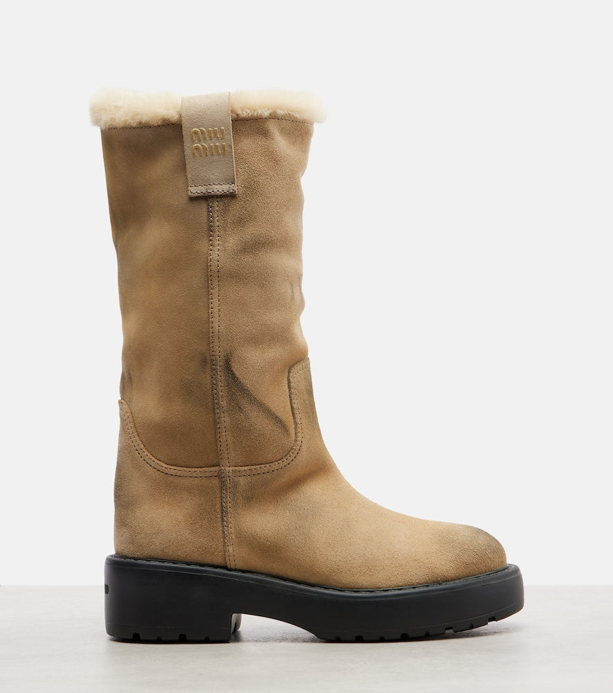 Miu Miu Shearling-lined suede knee-high boots (Beige) - Flat Boots
