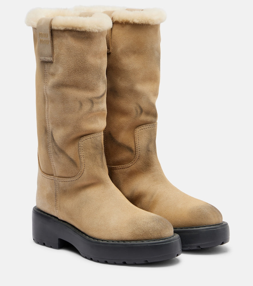 Miu Miu Shearling-lined suede knee-high boots (Beige) - Flat Boots