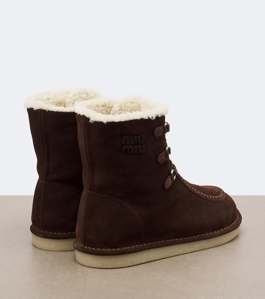 Miu Miu Shearling-lined suede lace-up boots - Brown Flat Boots