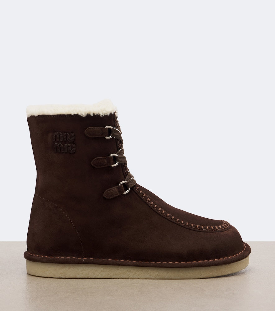 Miu Miu Shearling-lined suede lace-up boots - Brown Flat Boots