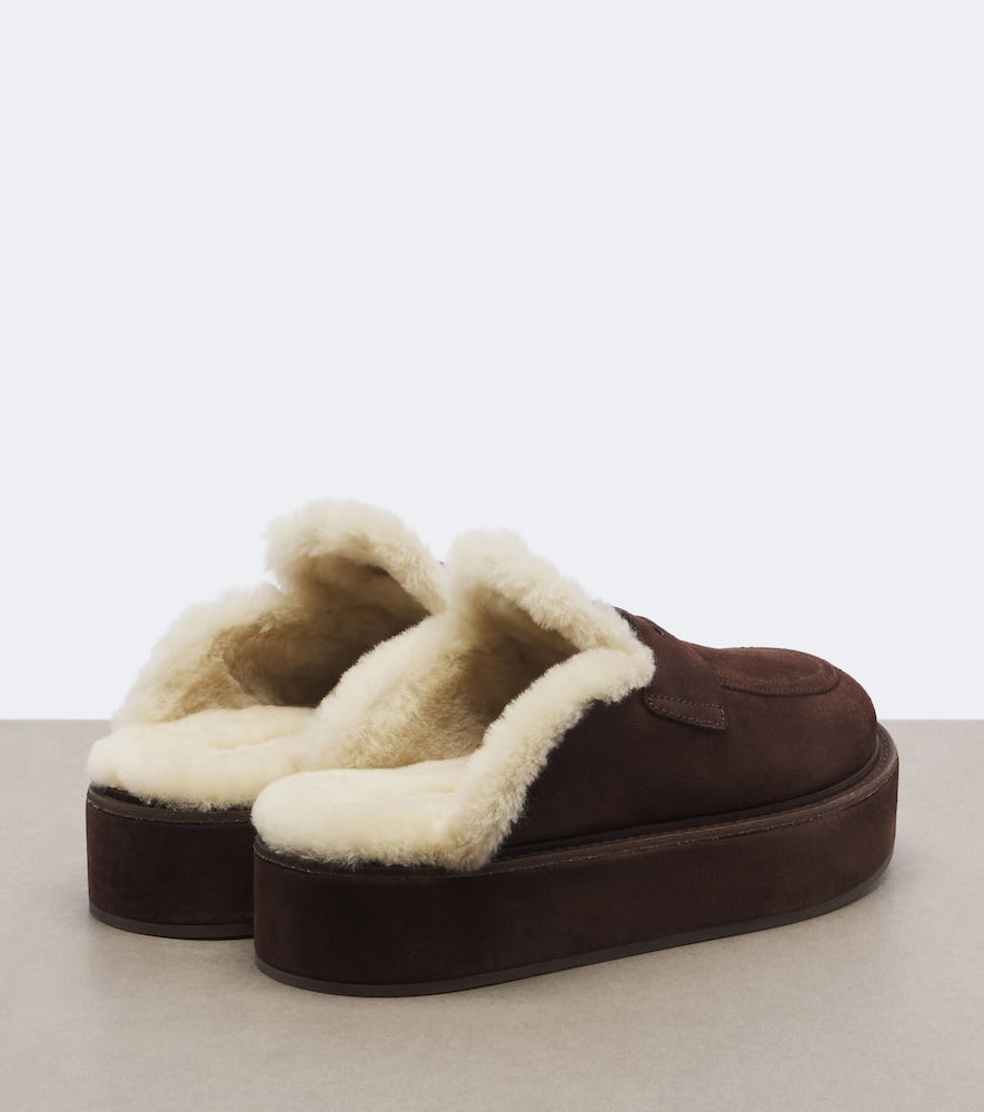 Brown Miu Miu Shearling-lined suede platform mules - Mules