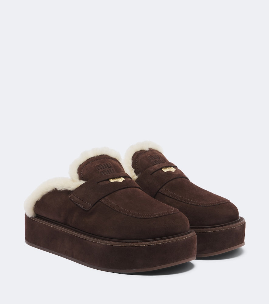 Brown Miu Miu Shearling-lined suede platform mules - Mules
