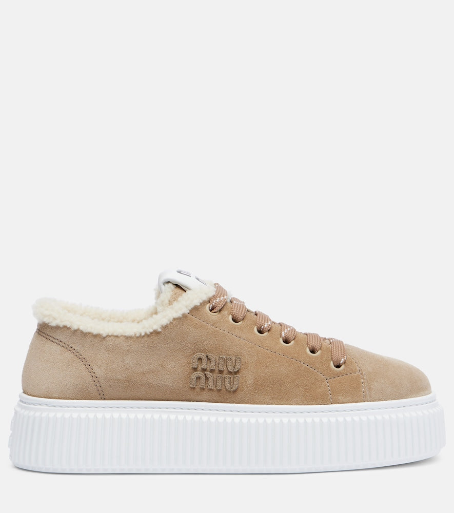 Miu Miu Shearling-lined suede platform sneakers - Brown Low-Top Sneakers