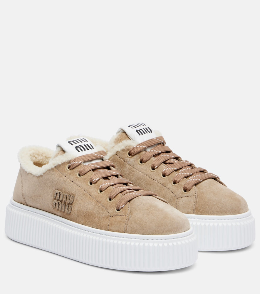Miu Miu Shearling-lined suede platform sneakers - Brown Low-Top Sneakers