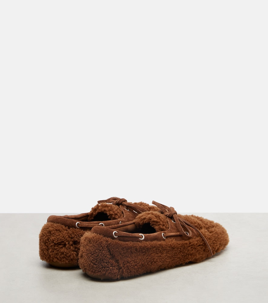 Miu Miu Suede-trimmed shearling boat shoes (Brown) - Ballerina Flats