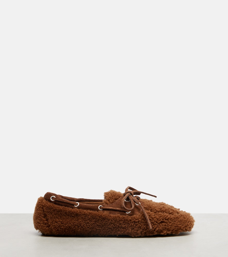 Miu Miu Suede-trimmed shearling boat shoes (Brown) - Ballerina Flats