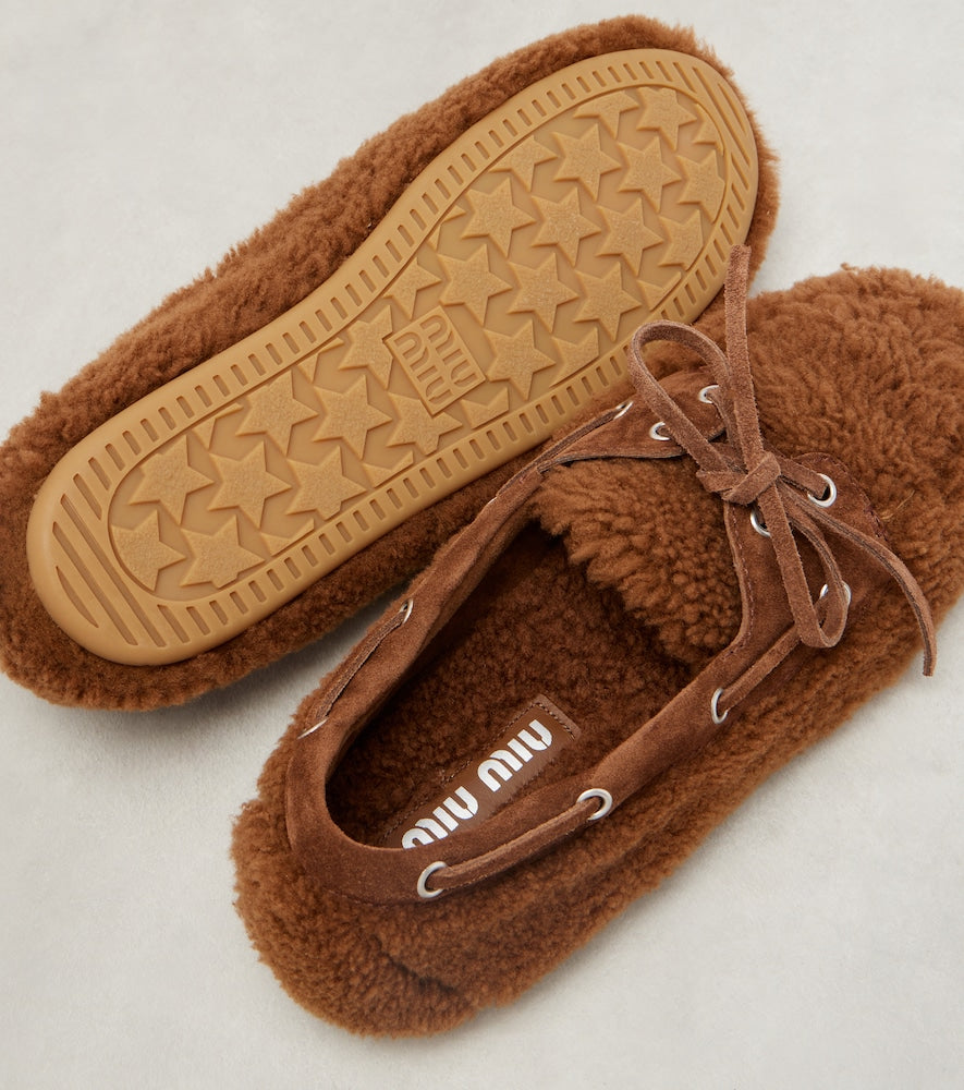 Miu Miu Suede-trimmed shearling boat shoes (Brown) - Ballerina Flats