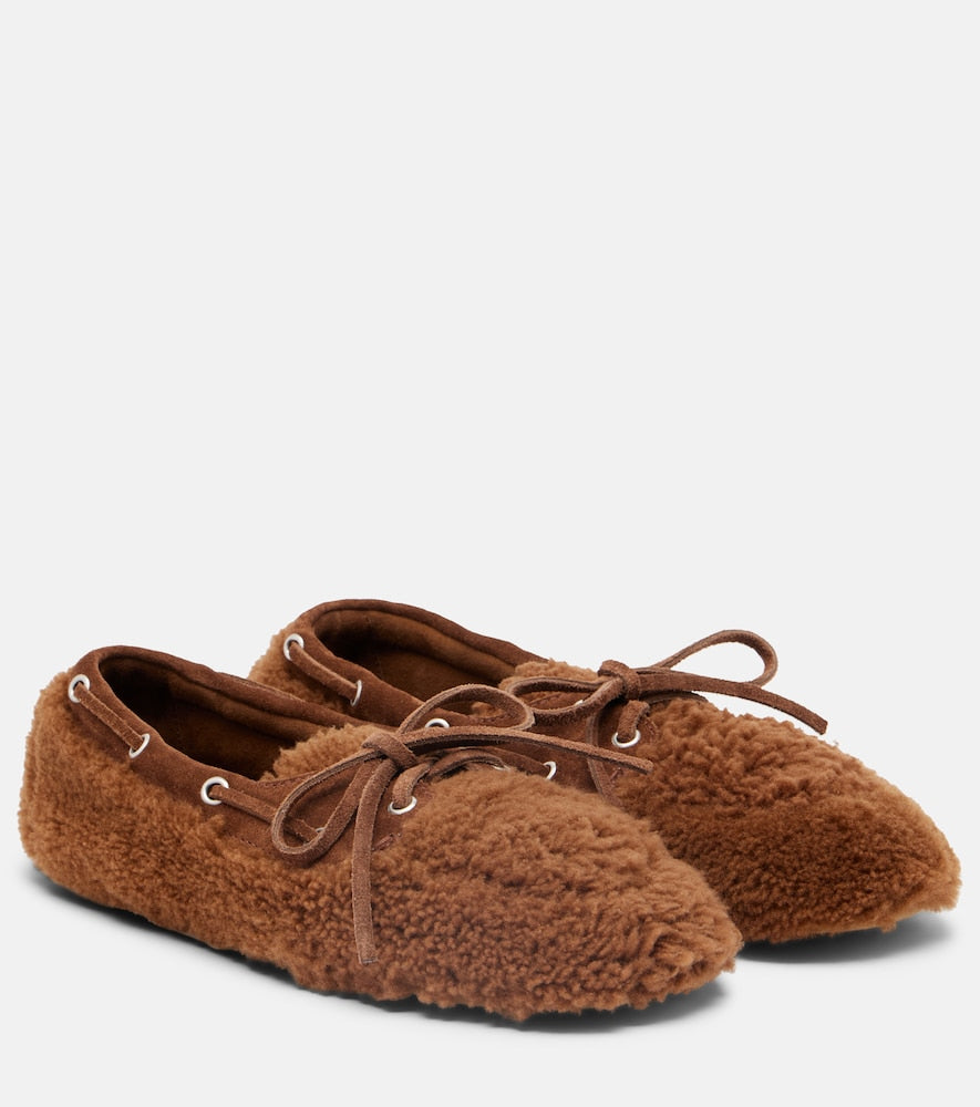 Miu Miu Suede-trimmed shearling boat shoes (Brown) - Ballerina Flats