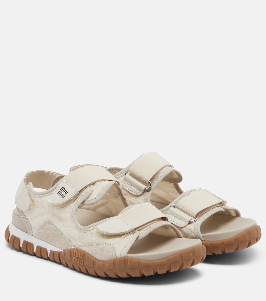 Miu Miu Tyre leather-trimmed sandals (Beige) - Flat Sandals