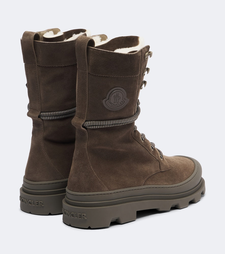 Moncler Vera shearling-trimmed suede lace-up boots in Brown - Flat Boots