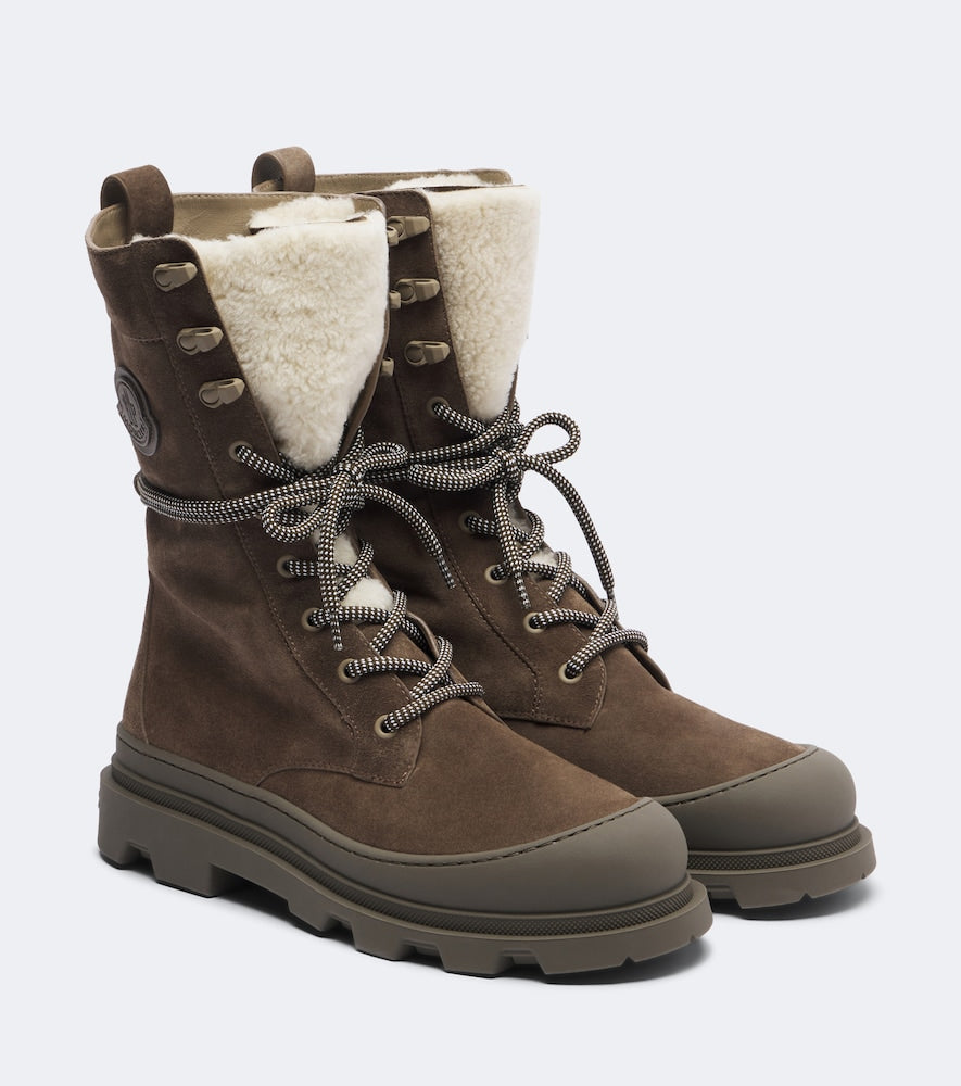 Moncler Vera shearling-trimmed suede lace-up boots in Brown - Flat Boots