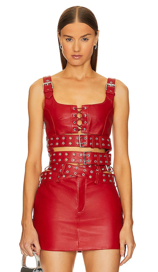 Monse Double Belted Leather Bra Top in Red - Haut soutien-gorge en cuir à double ceinture Monse en rouge - Monse 红色双腰带皮革文胸上衣 - Monse BH-Oberteil aus Leder mit doppeltem Gürtel in Rot - Monse 더블 벨트 가죽 브라탑 레드 색상 - Top reggiseno in pelle Monse con doppia cintura in rosso