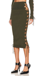 Monse Lacing Knitted Skirt in Olive - Jupe tricotée à laçage Monse en olive - Monse 橄榄色系带针织半身裙 - Monse Schnür-Strickrock in Oliv - Monse 레이싱 니트 스커트 올리브 색상 - Gonna in maglia Monse allacciata in verde oliva