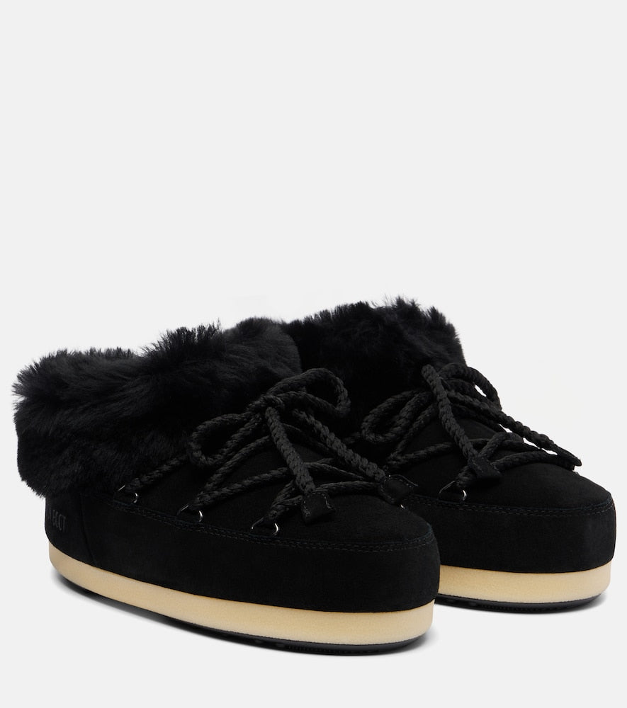 Black Moon Boot EVX shearling-trimmed suede mules - Flat Boots