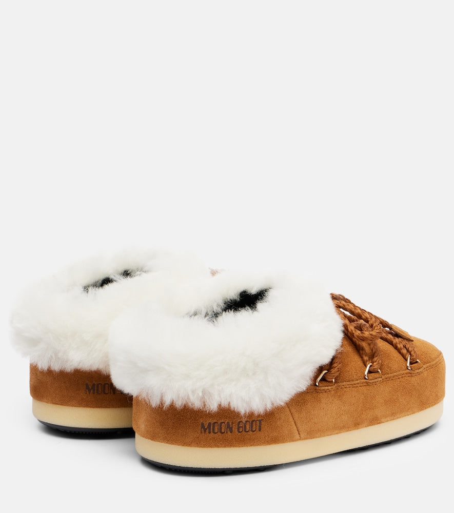 Brown Moon Boot EVX shearling-trimmed suede mules - Flat Boots