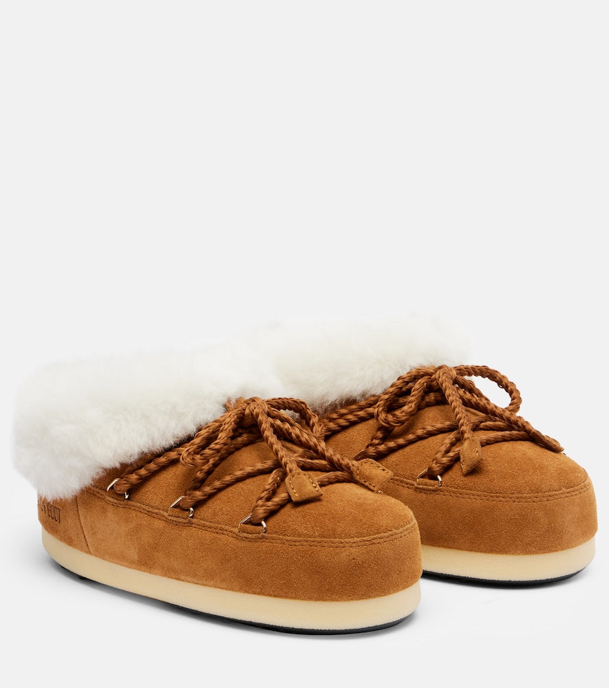 Brown Moon Boot EVX shearling-trimmed suede mules - Flat Boots