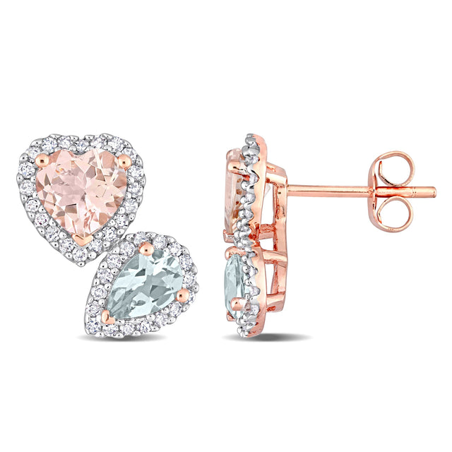 Morganite, Aquamarine, and 3/8ctw Diamond Heart and Pear Rose Gold Earrings