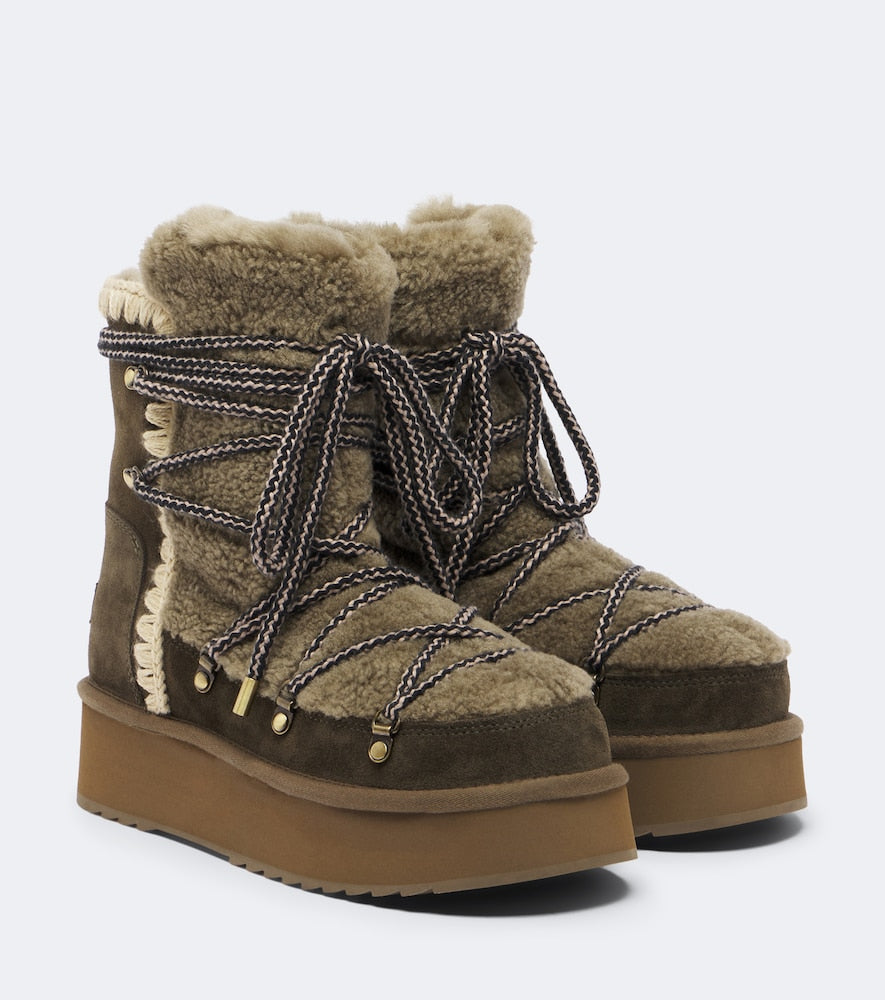Mou Shearling and suede ankle boots (Green) - Flat Boots