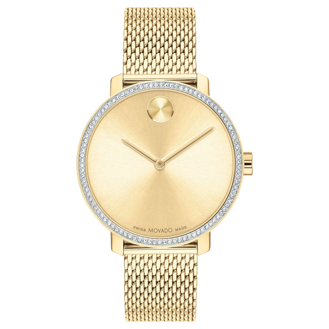Movado BOLD Shimmer Crystal Bezel and Pale Gold Ionic-Plated Mesh Bracelet Watch | 34mm | 3600841