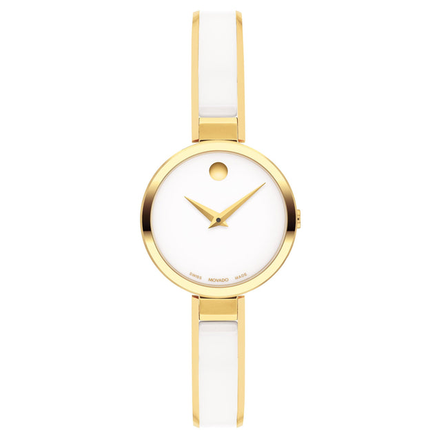 Movado Moda Yellow Gold PVD and White Ceramic Bangle Bracelet Watch | 24mm | 0607715