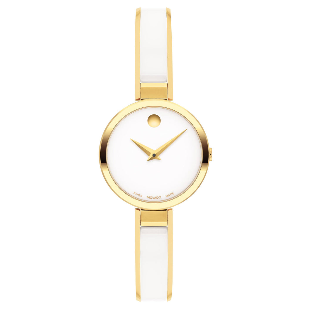 Movado Moda Yellow Gold PVD and White Ceramic Bangle Bracelet Watch | 24mm | 0607715
