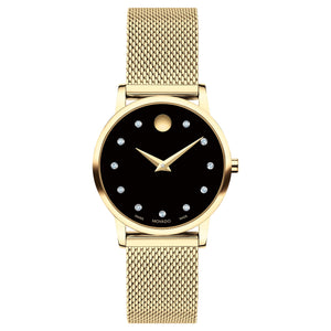 Movado Museum Classic Diamond Black Dial Yellow Gold-Tone Mesh Bracelet Watch | 28mm | 0607628