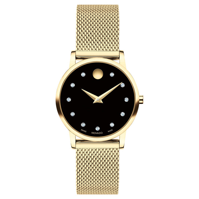 Movado Museum Classic Diamond Black Dial Yellow Gold-Tone Mesh Bracelet Watch | 28mm | 0607628