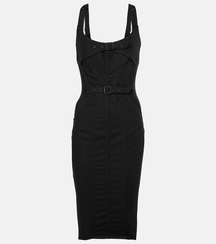 Mugler Buckle-detail denim midi dress. Mugler 搭扣细节牛仔中长连衣裙