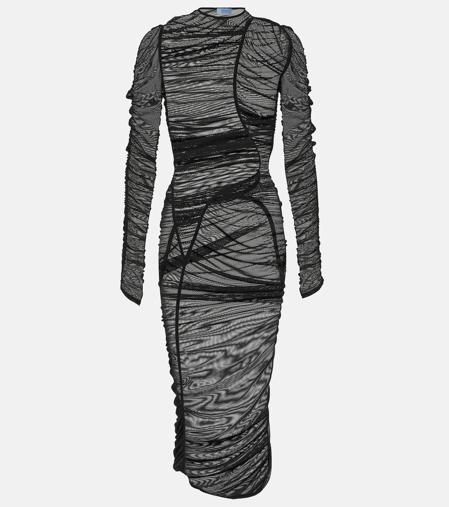 Mugler Ruched mesh midi dress. Mugler褶皱网纱中长连衣裙