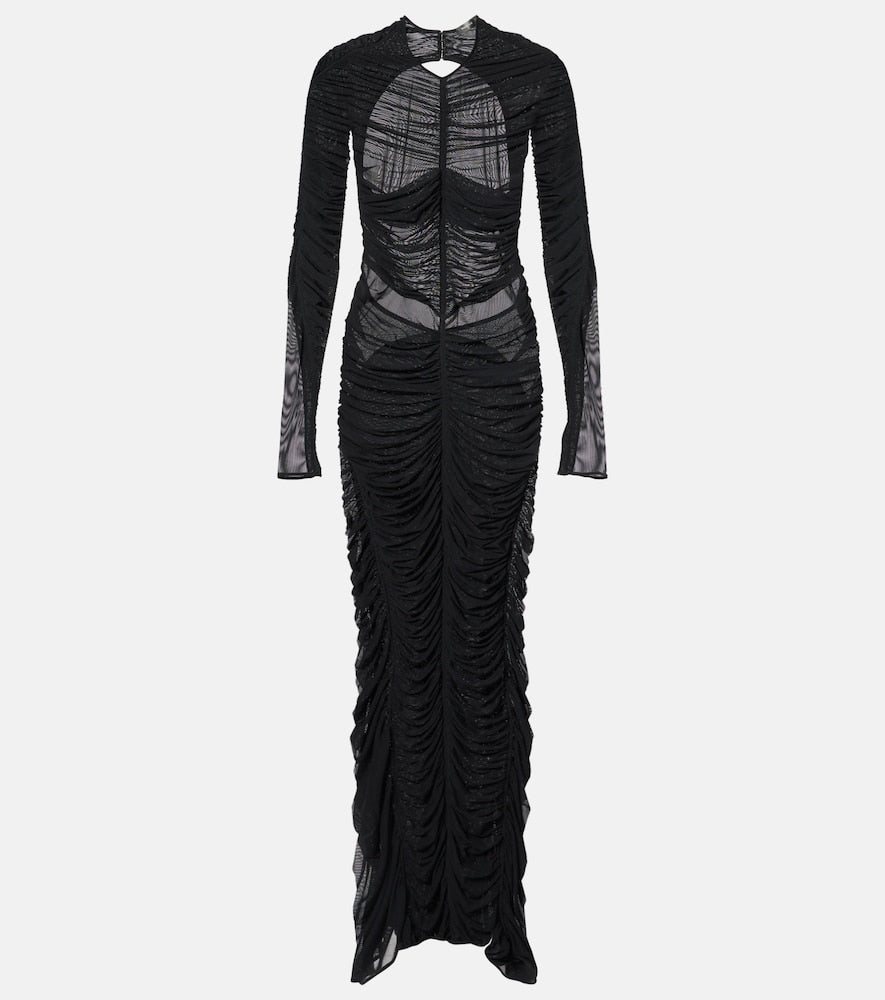 Mugler Ruched open-back mesh gown. Mugler褶皱露背网纱礼服