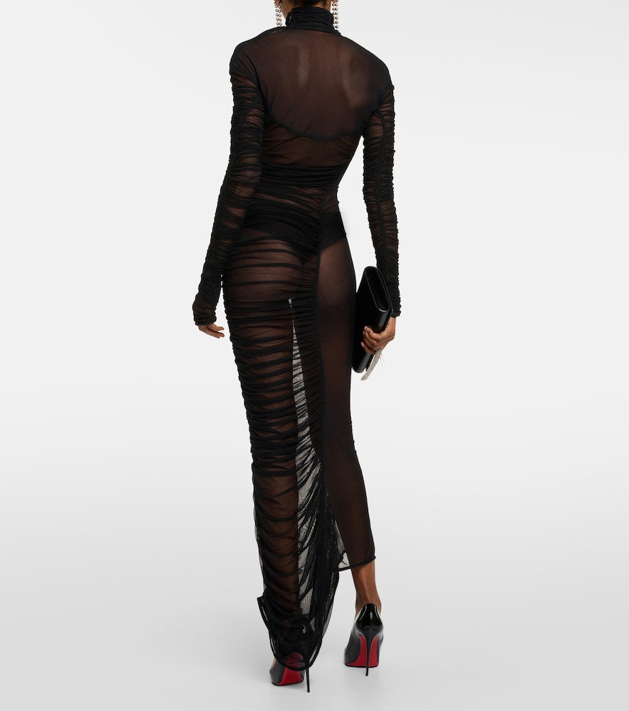 Mugler Ruched sheer maxi dress