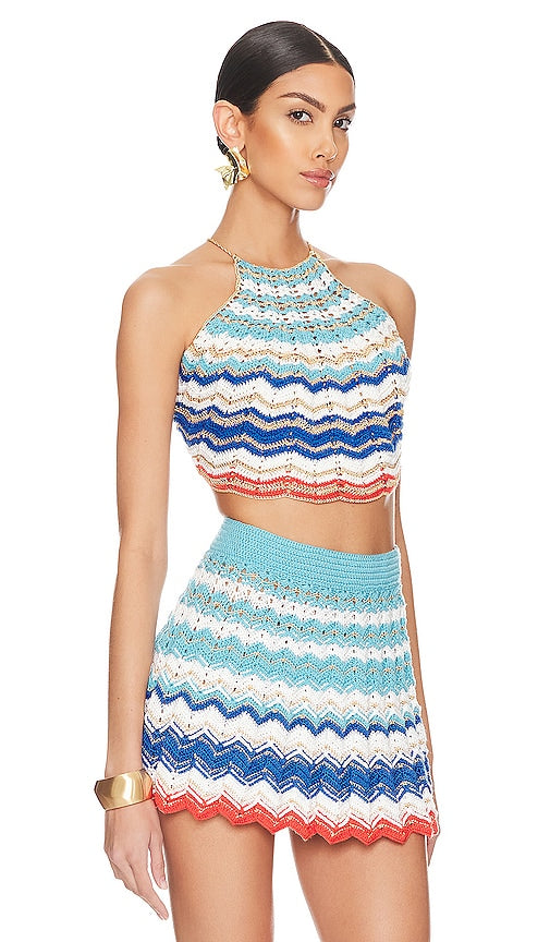 My Beachy Side Hand Crochet Chevron Pattern Crop Top in Blue