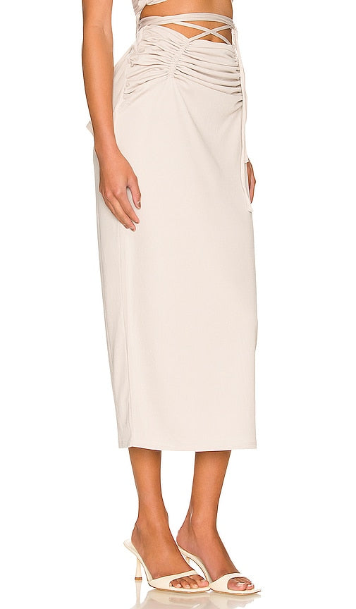 NBD Aviana Midi Skirt in Beige