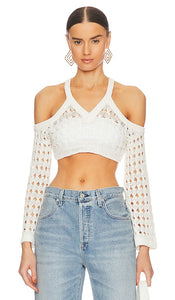 NBD Marcella Open Cable Cropped Pullover in White