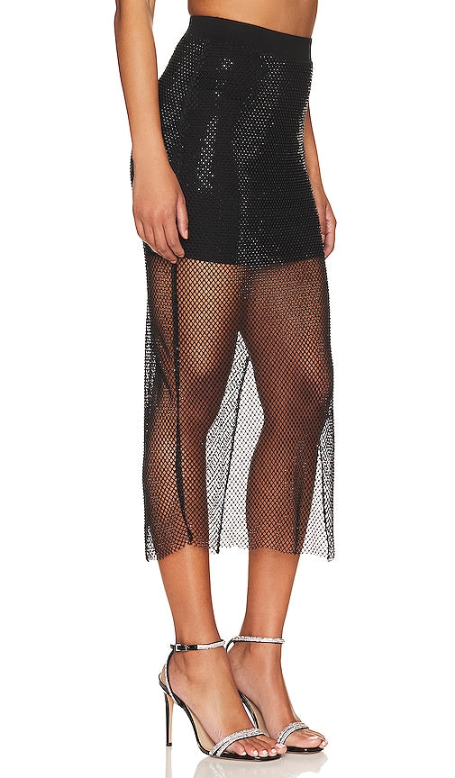 NICHOLAS Dayana Crystal Fishnet Midi Skirt in Black