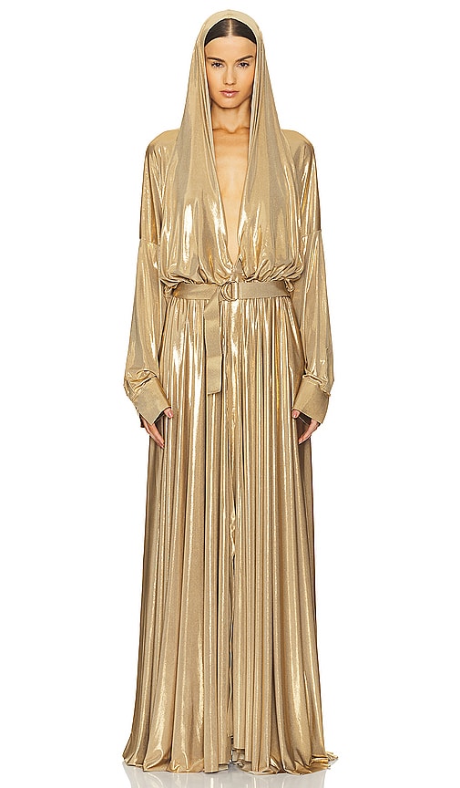 Norma Kamali Hooded Super Shirt Flared Gown in Metallic Gold