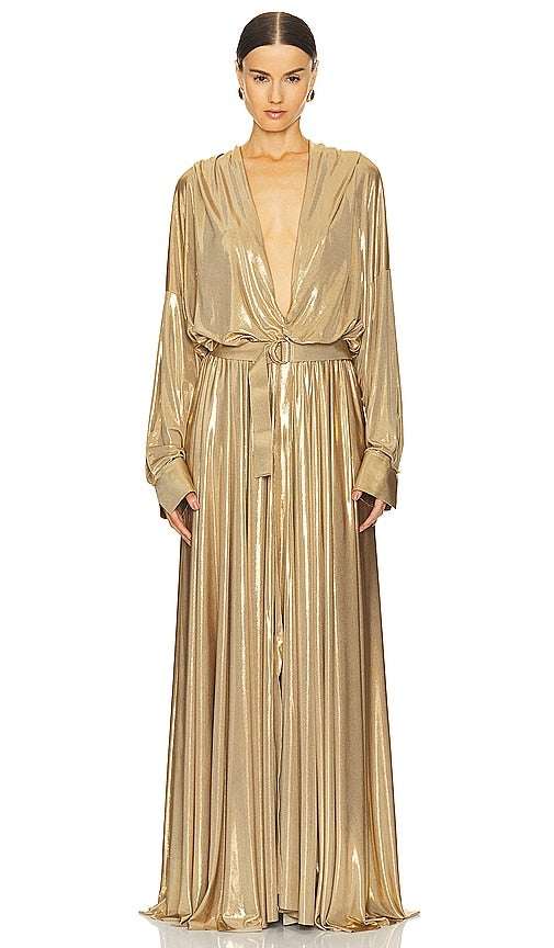 Norma Kamali Hooded Super Shirt Flared Gown in Metallic Gold
